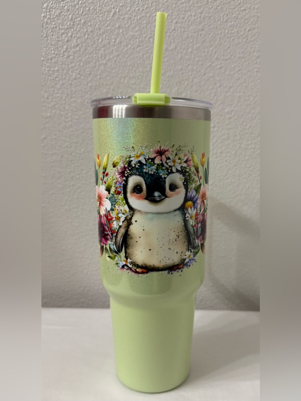 40 oz Stainless Travel Tumbler - Cute Penguin, Light Green